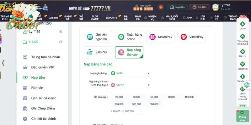 Thao tác nạp tiền bằng thẻ cào thực hiện vô cùng đơn giản với 3 bước